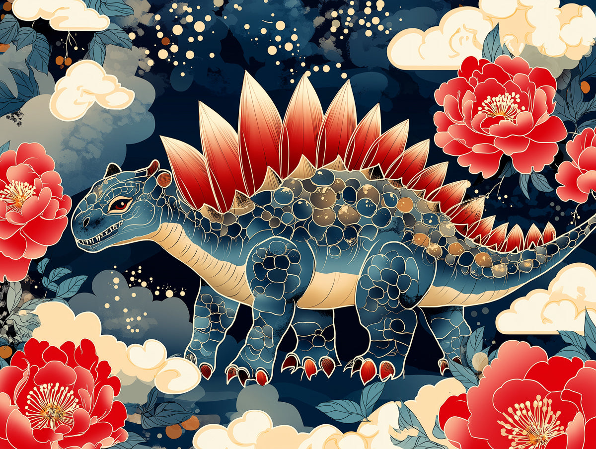Japanese Floral Stegosaurus in a Starry Night Mural Wallpaper | Bold and Whimsical Art