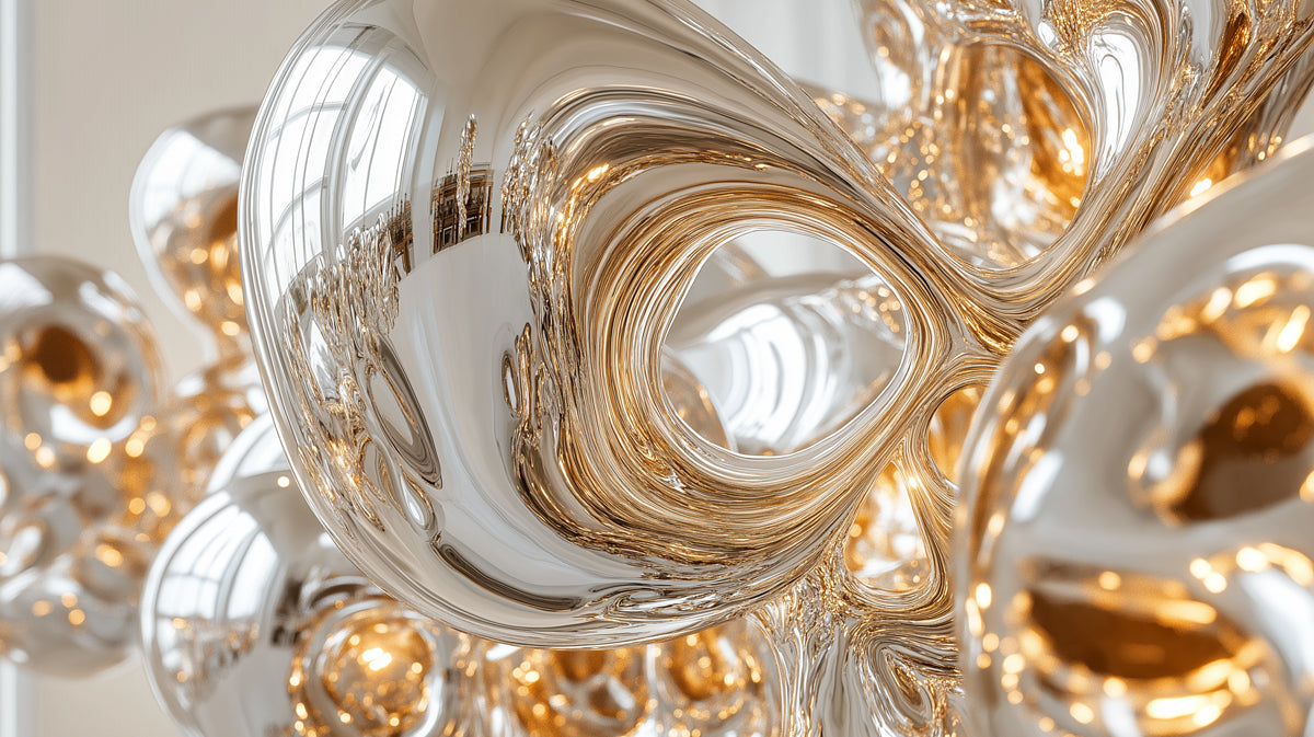 Fluid Chrome and Gold Abstract Sculpture Mural Wallpaper | Modern Metallic Art