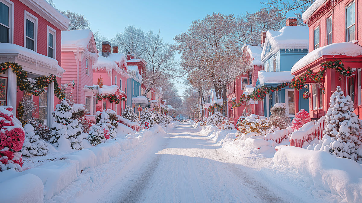 Snowy Christmas Village Street with Pastel Houses Mural Wallpaper | Charming Holiday Scene