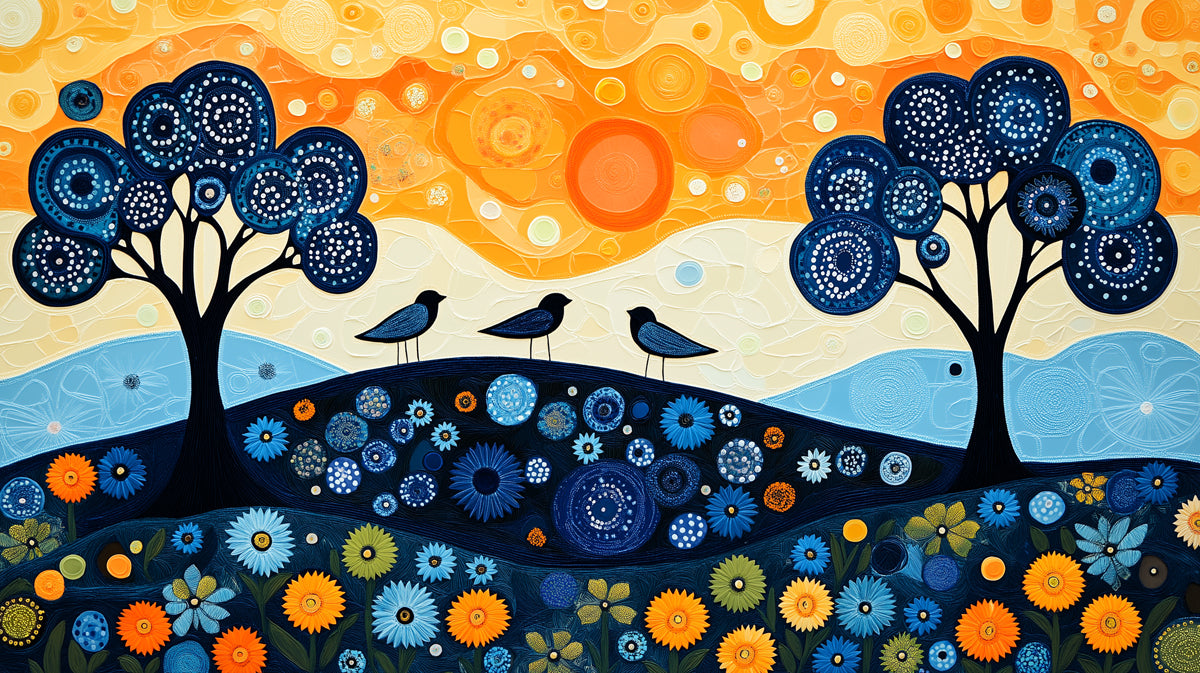 Whimsical Landscape with Decorative Trees and Birds Mural Wallpaper | Colorful Folk Art Scene