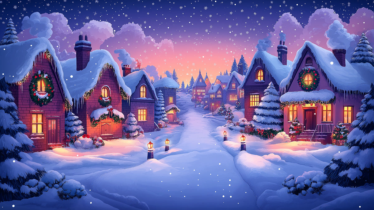 Enchanting Snow-Covered Village at Twilight Mural Wallpaper | Festive Winter Scene