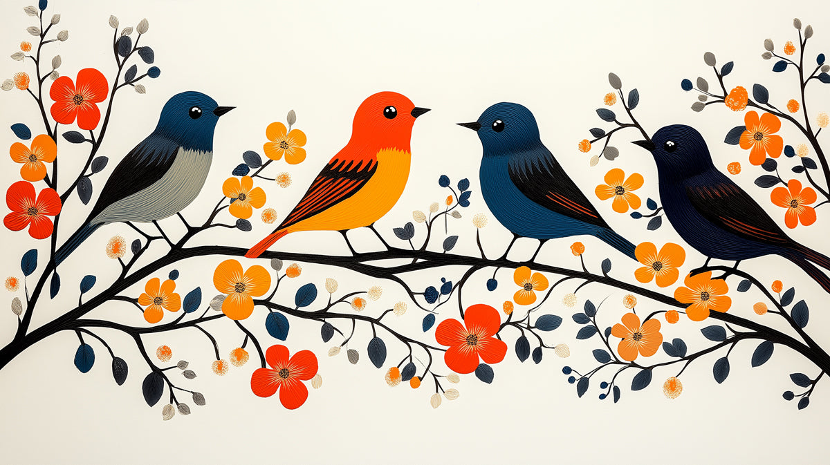Colorful Birds on Flowering Branches Mural Wallpaper | Vibrant Nature Illustration