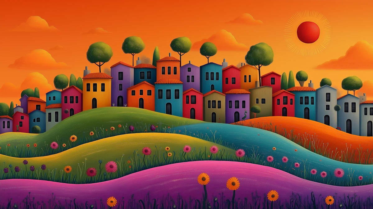 Colorful Hillside Village at Sunset Mural Wallpaper | Cheerful and Vibrant Landscape