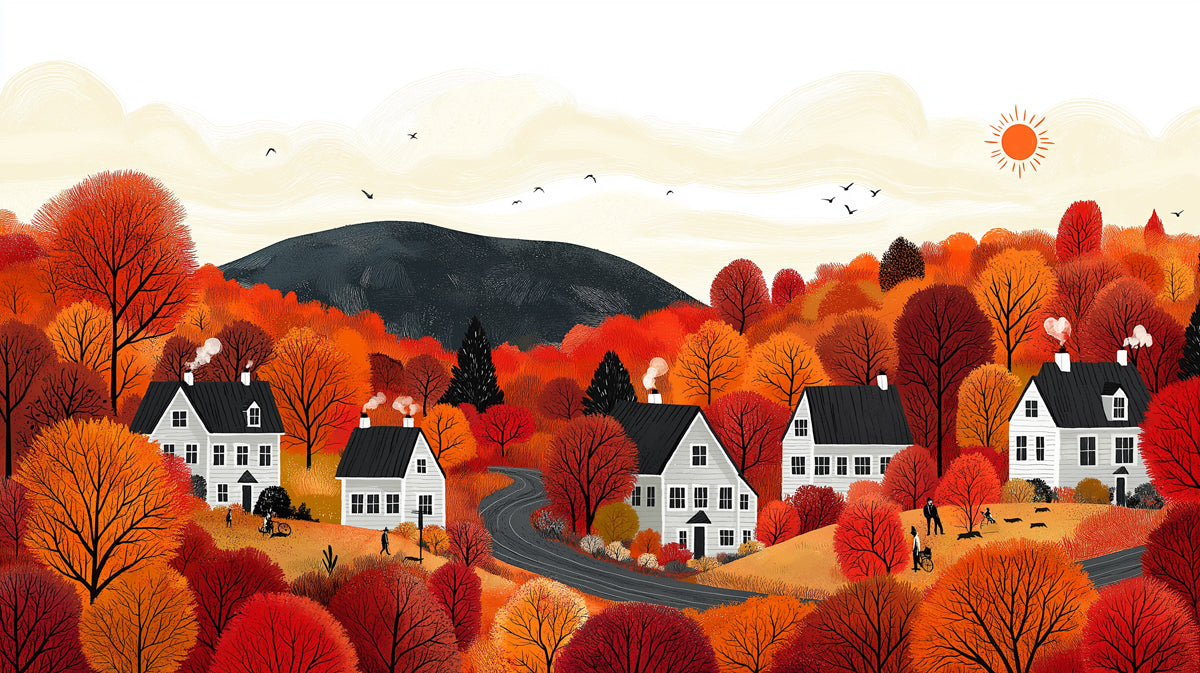 Autumn Village in a Forest of Red and Orange Trees Mural Wallpaper | Cozy Fall Scene