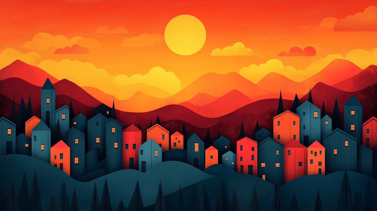 Twilight Village in a Mountain Valley Mural Wallpaper | Calm and Colorful Landscape