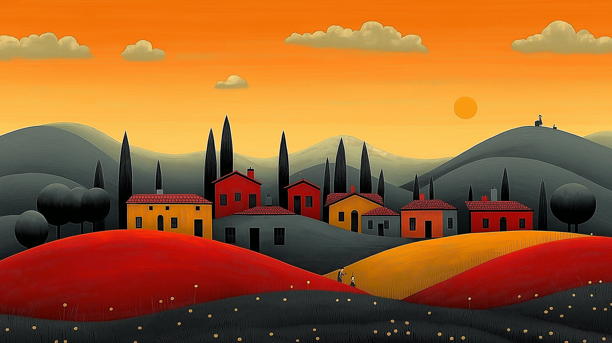 Tuscan Village Landscape Mural Wallpaper | Warm and Scenic Countryside Art