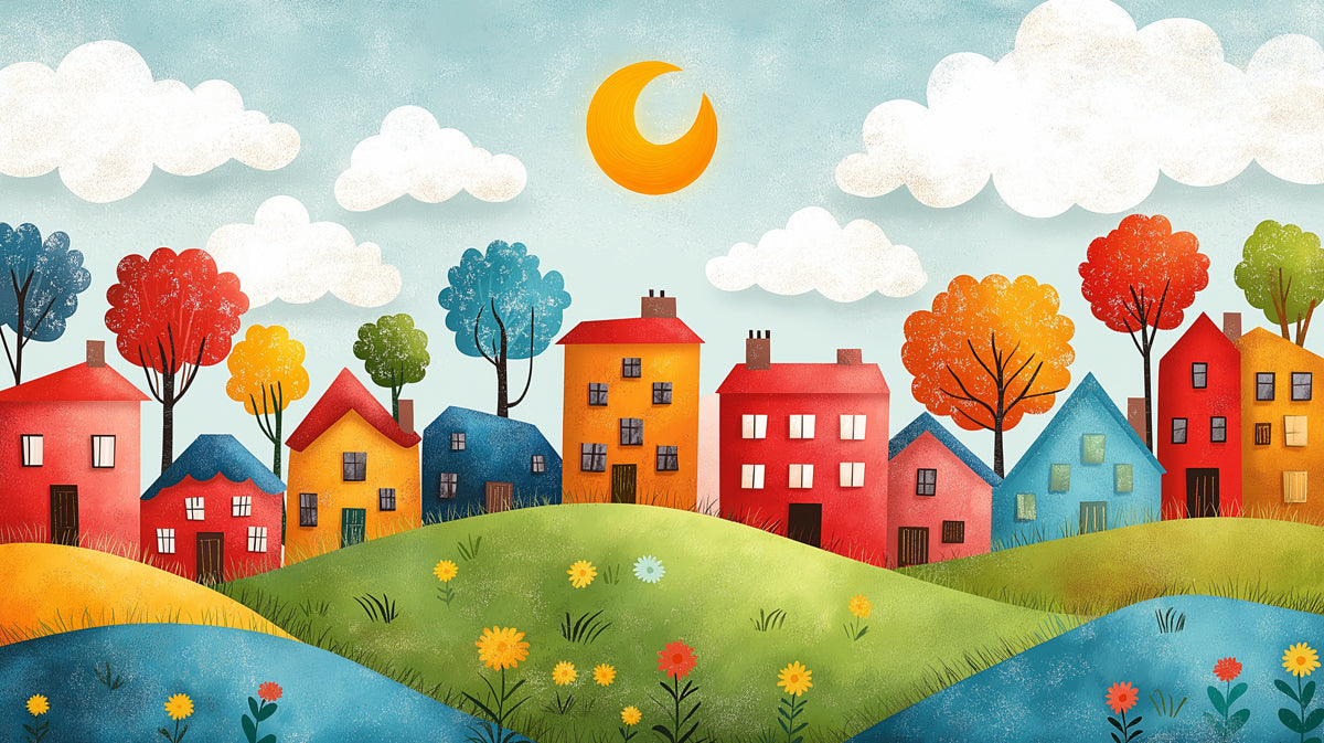 Colorful Houses on Rolling Hills under a Crescent Moon Mural Wallpaper | Whimsical Townscape