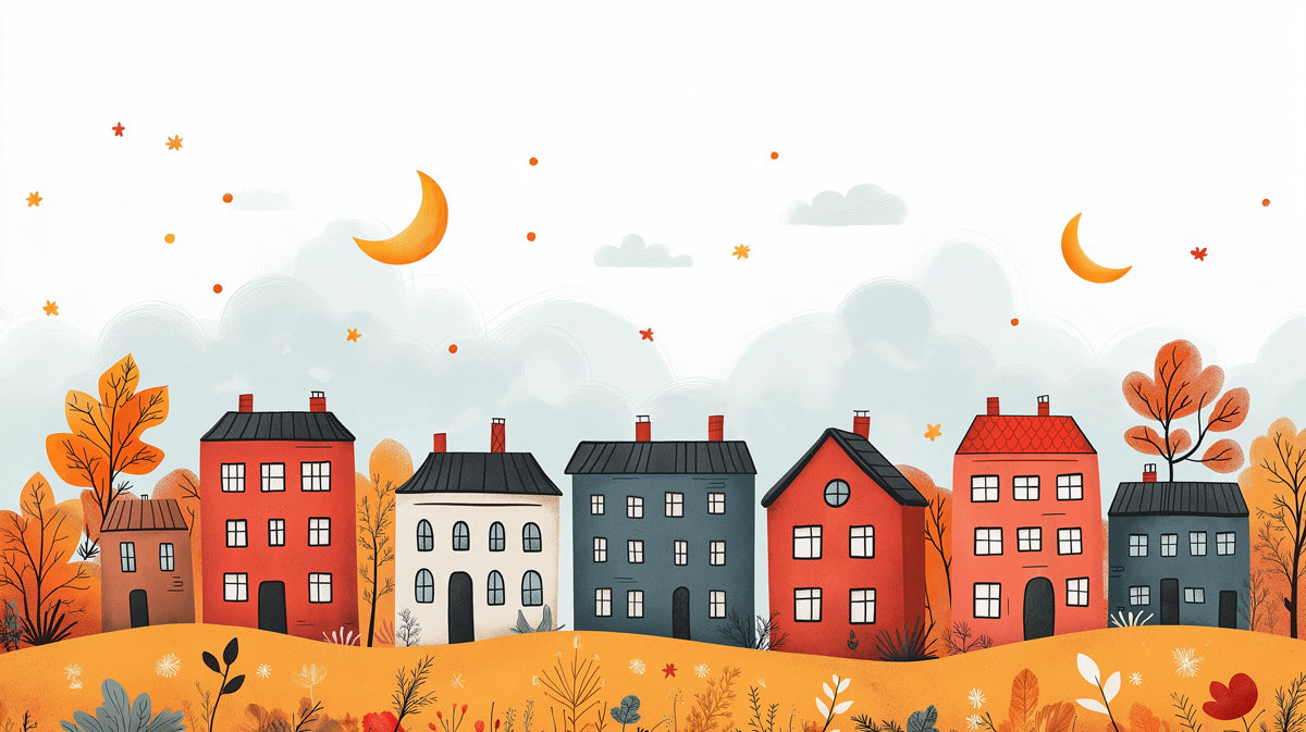 Autumn Townscape with Colorful Houses and Crescent Moons Mural Wallpaper | Cozy Fall Night