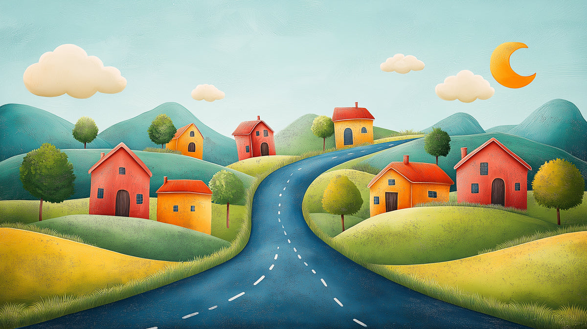 Winding Road Through a Whimsical Village Mural Wallpaper | Playful Countryside Scene