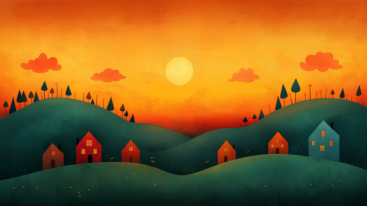 Rural Sunset Landscape with Tiny Houses Mural Wallpaper | Peaceful Countryside Art