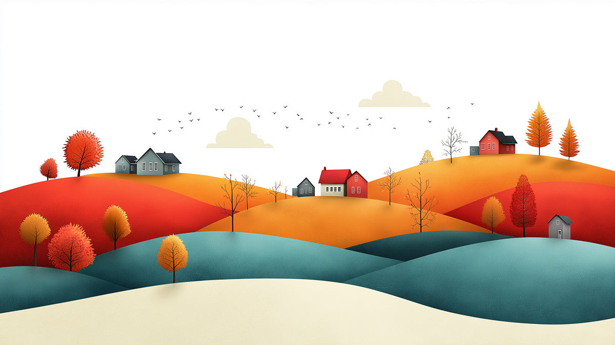 Autumn Hills with Small Houses Mural Wallpaper | Idyllic Fall Landscape