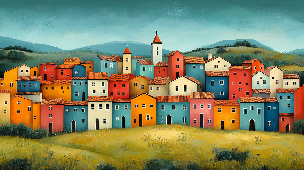 Colorful Hillside Village in a Tuscan Style Mural Wallpaper | Vibrant and Rustic Art
