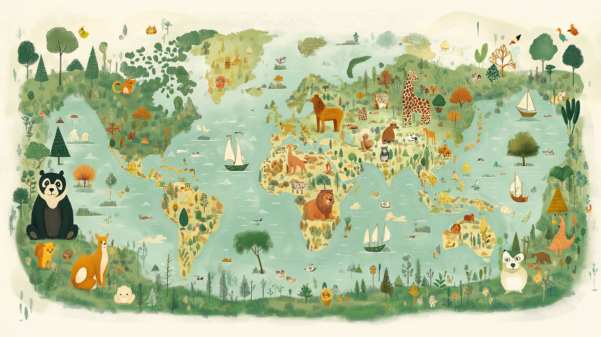 Whimsical World Map with Animals Mural Wallpaper | Cute and Educational Art