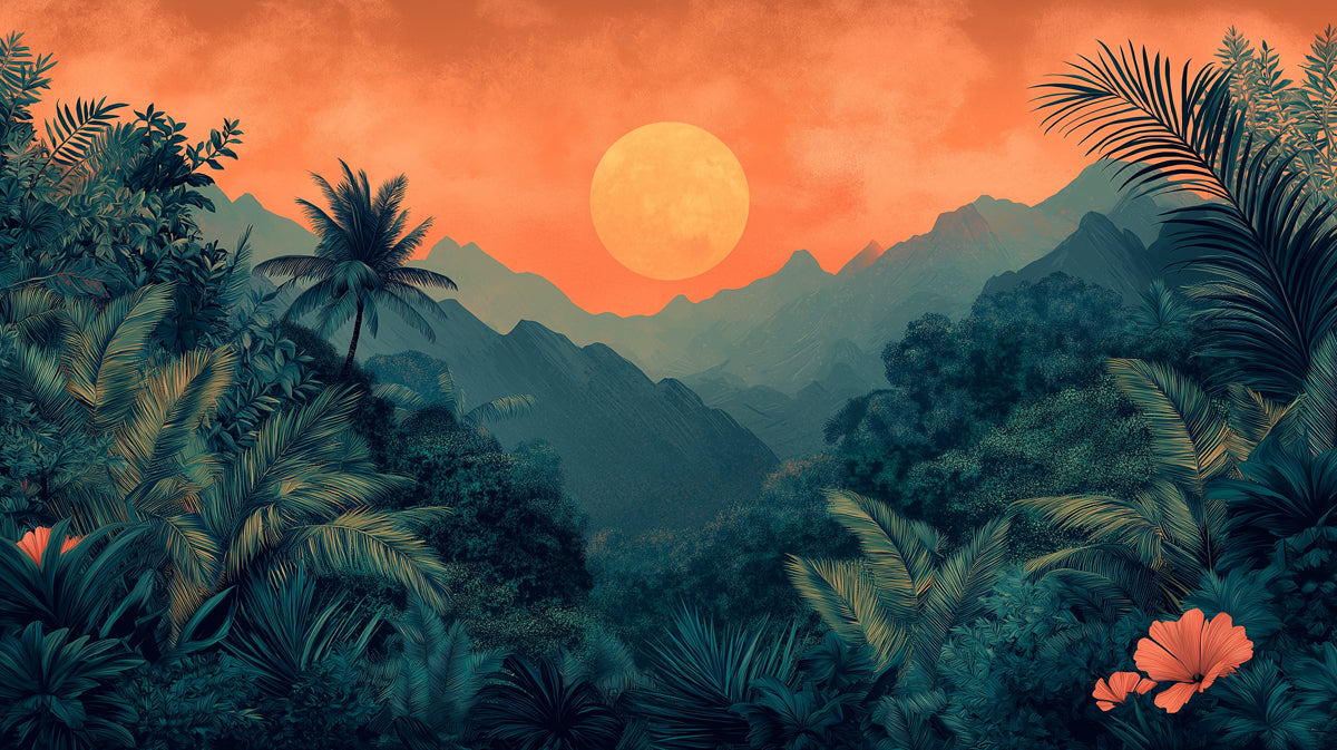 Lush Jungle Landscape at Sunset Mural Wallpaper | Tropical and Scenic Art