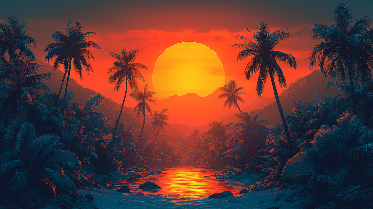 Sunset over a Tropical River Mural Wallpaper | Colorful and Exotic Landscape