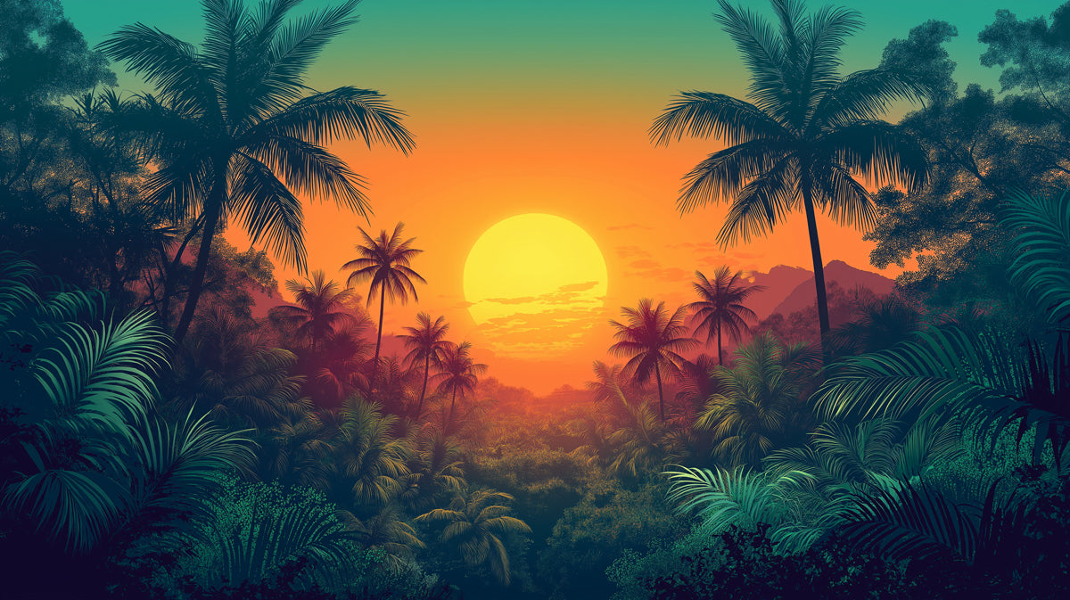 Dramatic Sunset in a Lush Tropical Jungle Mural Wallpaper | Vibrant Exotic Landscape