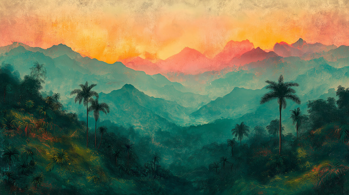 Layered Tropical Mountains at Sunset Mural Wallpaper | Abstract Scenic Art