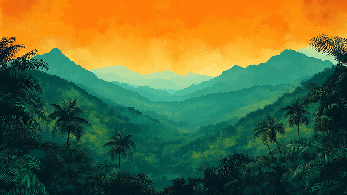 Vibrant Tropical Mountain Valley at Sunset Mural Wallpaper | Colorful Jungle Landscape