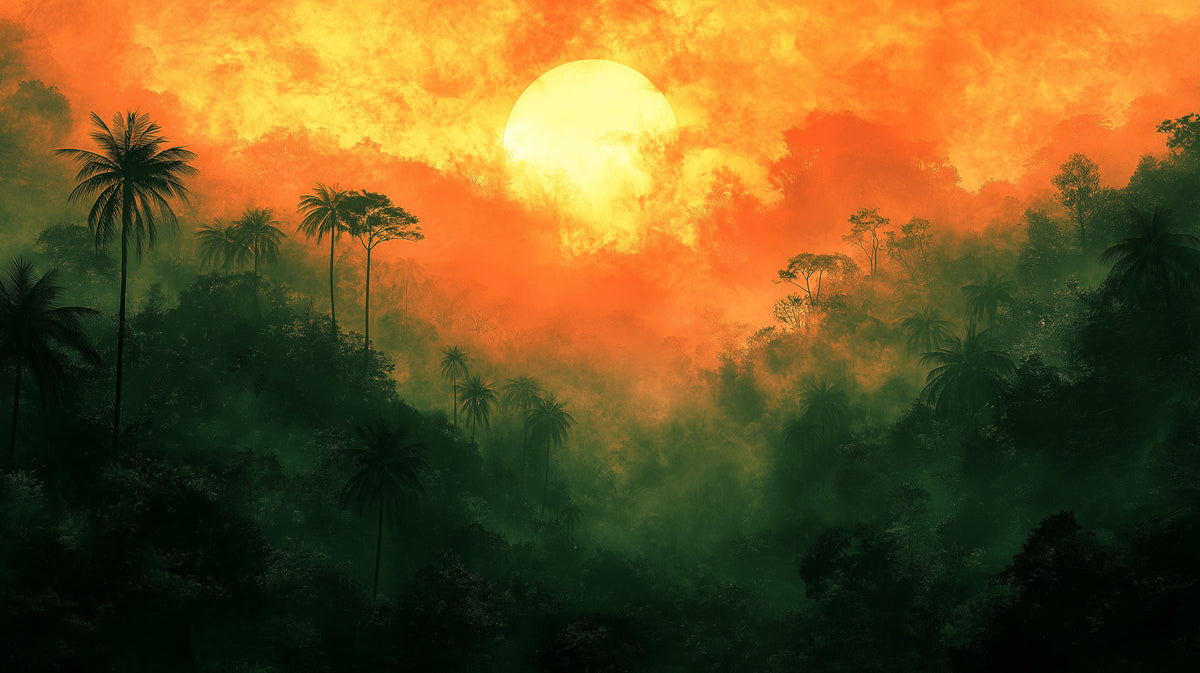 Misty Jungle Sunset with Palm Trees Mural Wallpaper | Ethereal Tropical Art