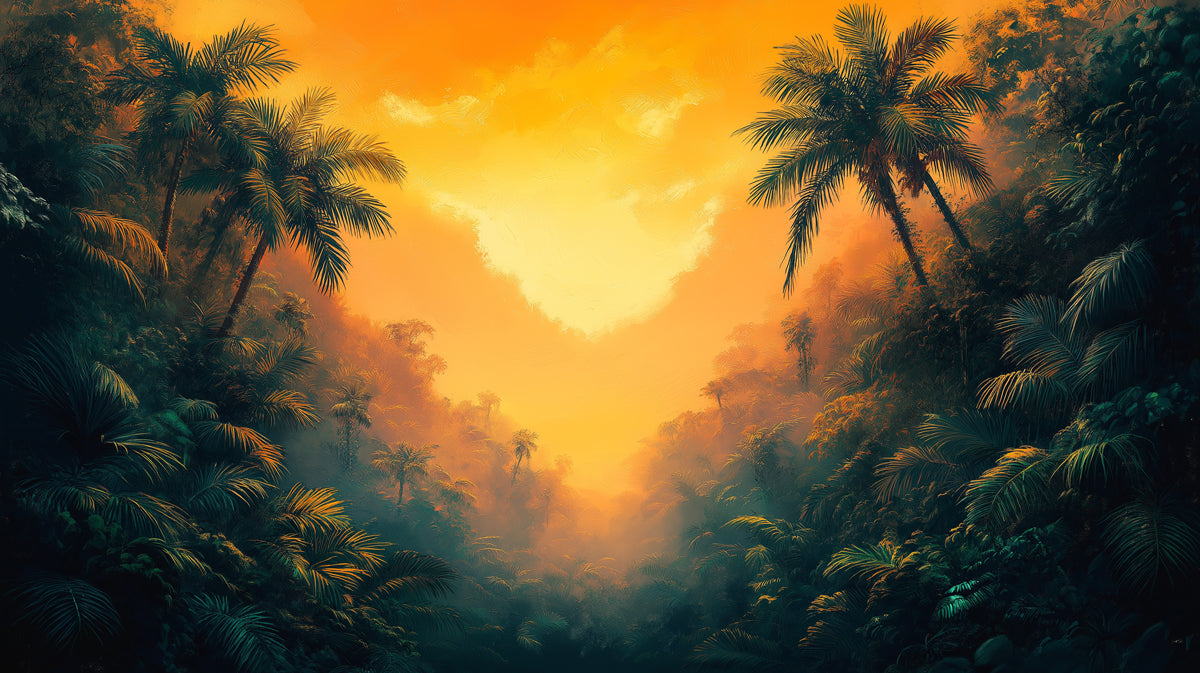 Mystical Jungle Path at Sunset Mural Wallpaper | Dreamy Tropical Landscape