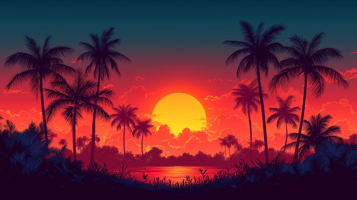 Retro Synthwave Tropical Sunset Mural Wallpaper | Stylized Landscape Art