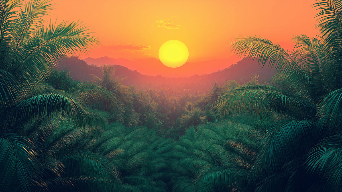 Serene Tropical Sunset with Palm Leaves Mural Wallpaper | Peaceful Nature Scene