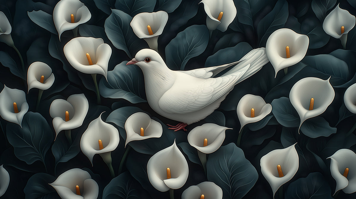 Elegant White Dove and Calla Lilies Mural Wallpaper | Serene Floral and Bird Art