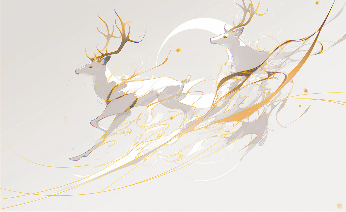Weiße Rehe mit Goldstreifen Wandtapete für ein Arbeitszimmer | Weiße, graue und goldene Hirsche -1 