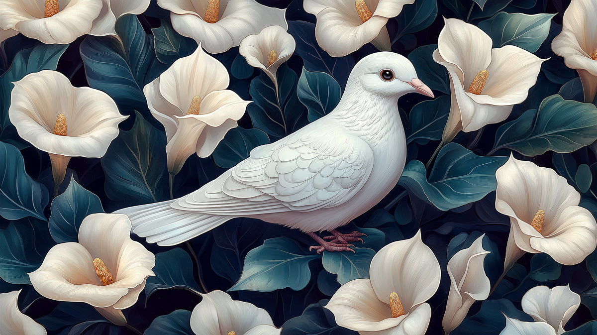 White Dove in a Field of Calla Lilies Mural Wallpaper | Peaceful and Beautiful Floral Scene