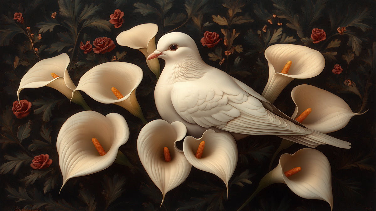 Elegant White Dove and Calla Lilies Mural Wallpaper | Classic Floral and Bird Art