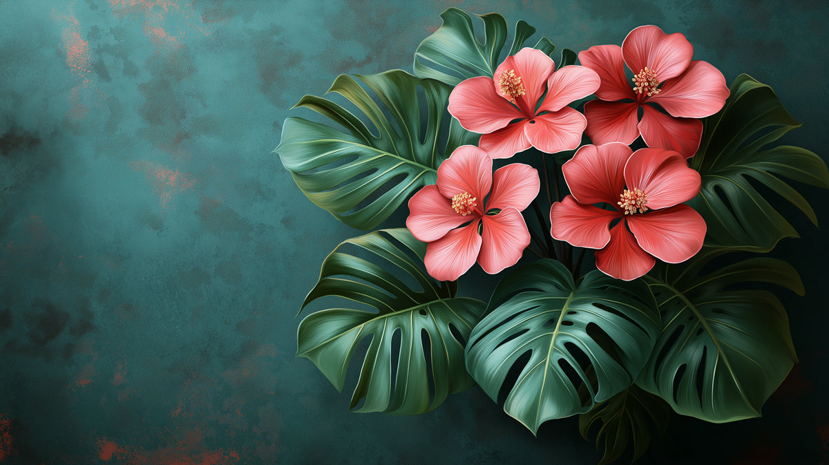 Modern Tropical Hibiscus and Monstera Leaves Mural Wallpaper | Bold Floral Art