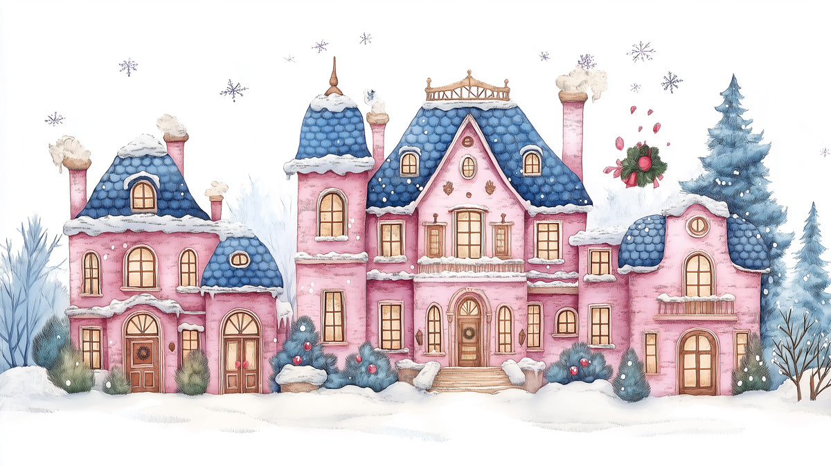 Whimsical Pink Winter Houses Mural Wallpaper | Charming Snowy Scene