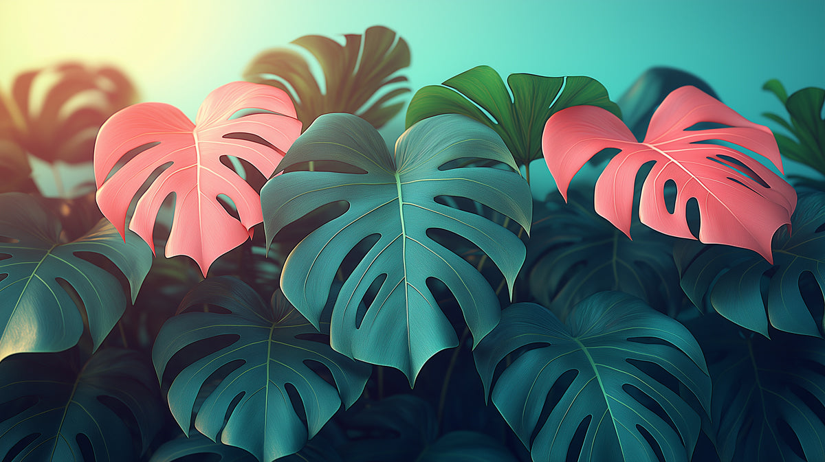 Vibrant Tropical Monstera Leaves with Pink Accents Mural Wallpaper | Colorful Botanical Art
