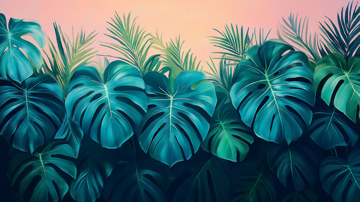 Majestic Tropical Monstera and Palm Leaves Mural Wallpaper | Bold Botanical Art