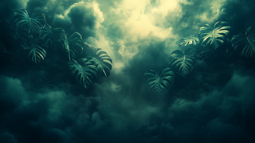 Tropical leaves emerging from dark, misty water with a glowing light source above.