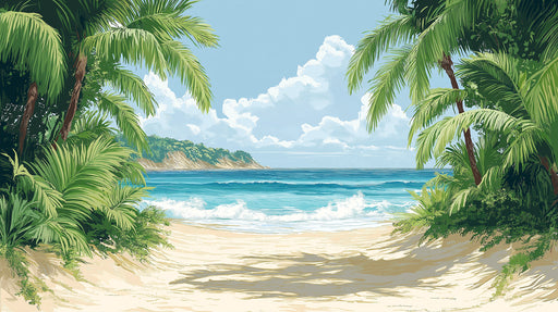 Beach scene with palm trees and clear blue sky