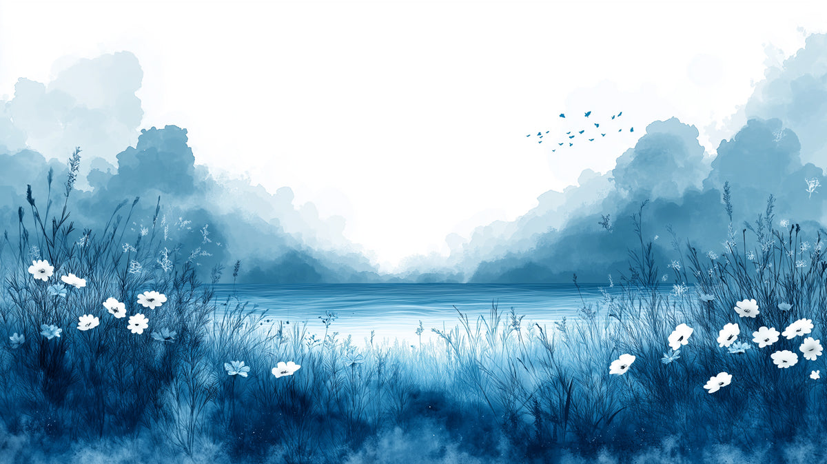 Minimalist Blue Watercolor Landscape Mural Wallpaper | Serene Nature Art