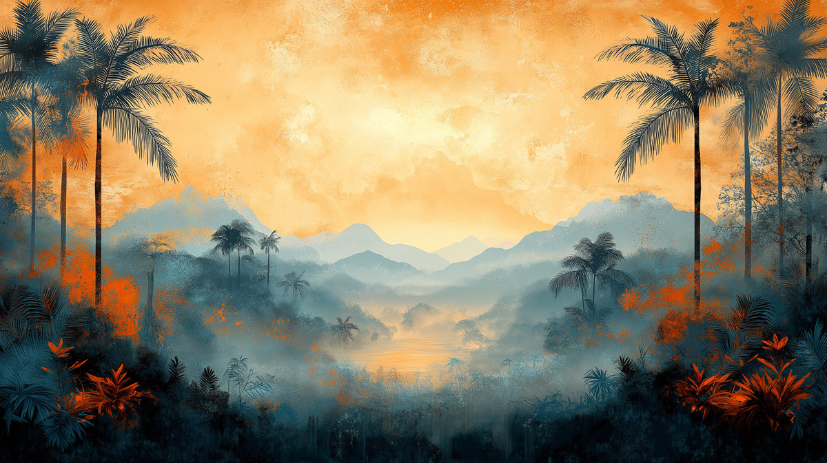 Misty Tropical Mountain Landscape Mural Wallpaper | Ethereal Sunset Art