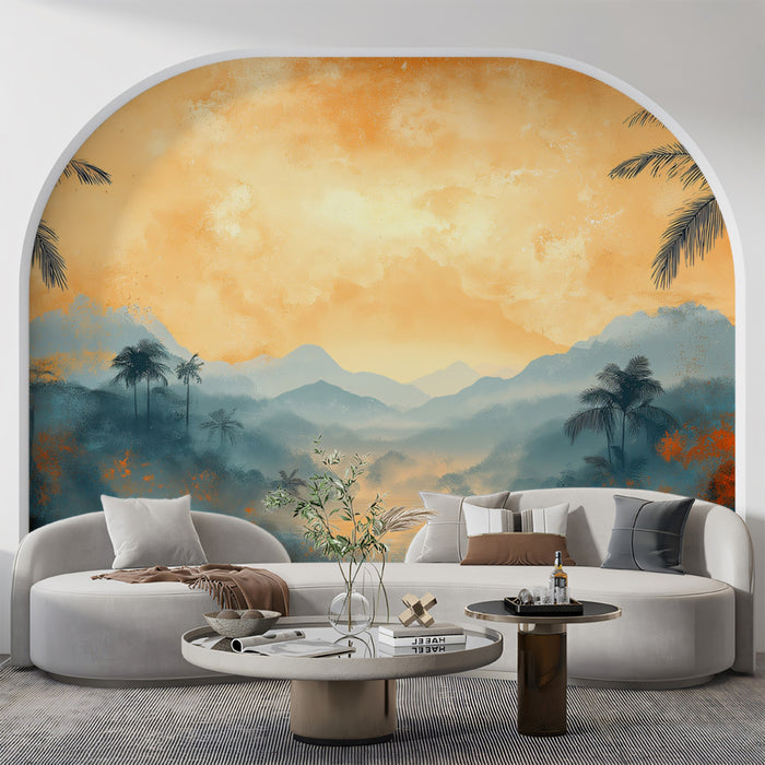 Misty Tropical Mountain Landscape Mural Wallpaper | Ethereal Sunset Art