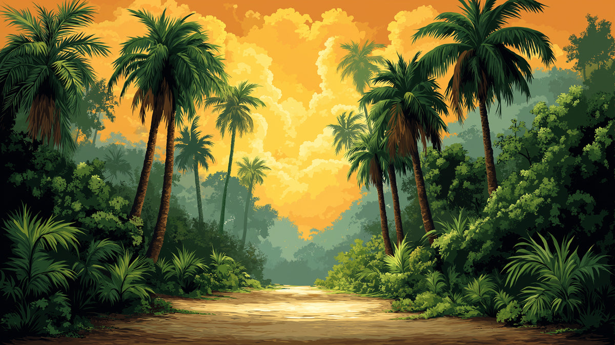 Sunlit Jungle Path with Palm Trees Mural Wallpaper | Warm and Inviting Landscape