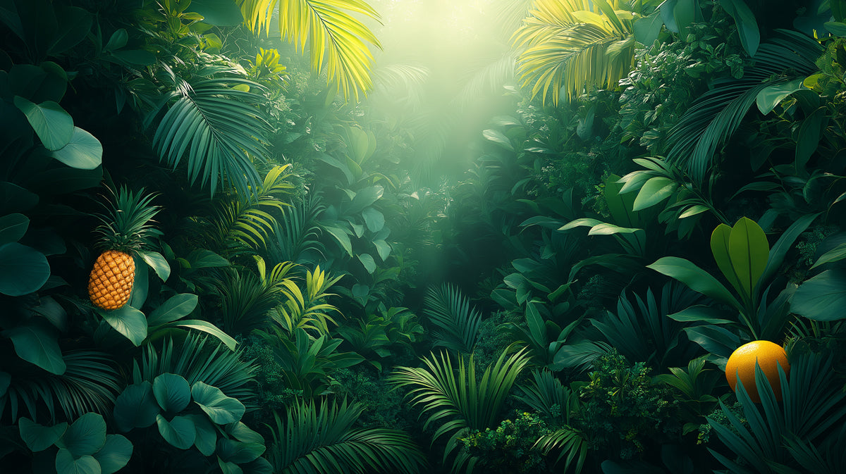 Lush Jungle with Fruits and Sunlight Mural Wallpaper | Vibrant and Exotic Art
