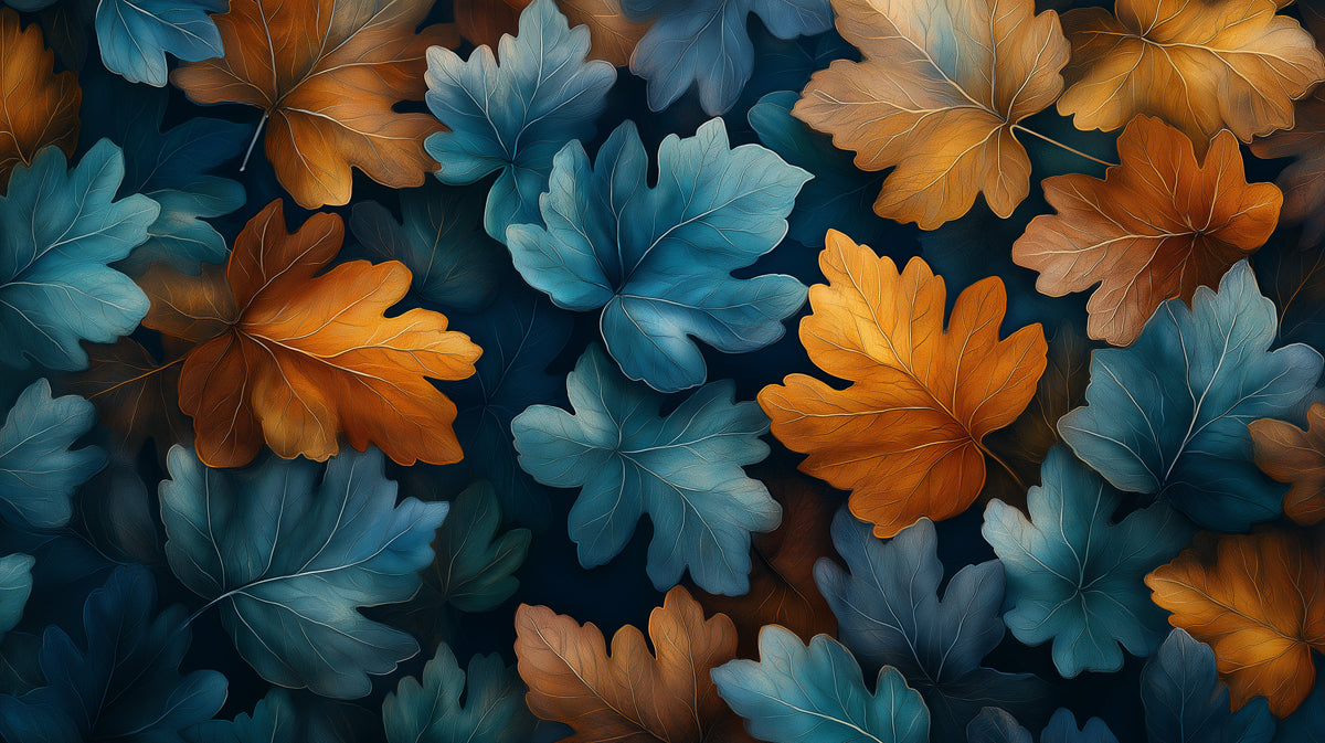 Abstract Blue and Orange Autumn Leaves Mural Wallpaper | Modern Fall Pattern