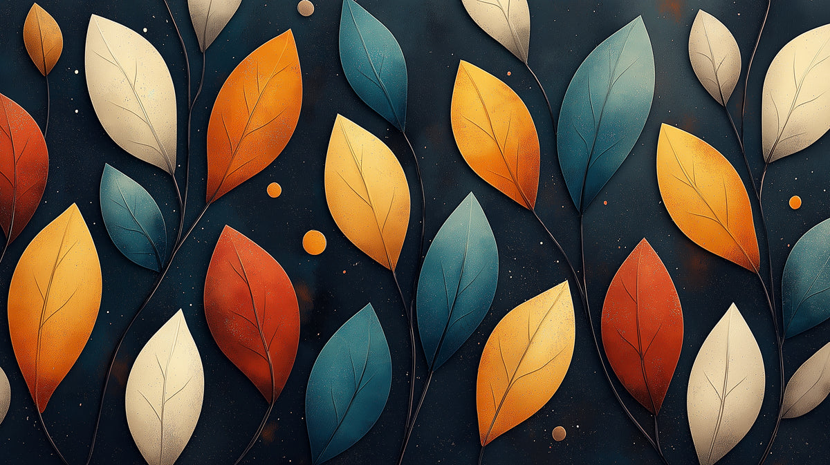 Stylized Colorful Leaves on Branches Mural Wallpaper | Modern Folk Art Pattern