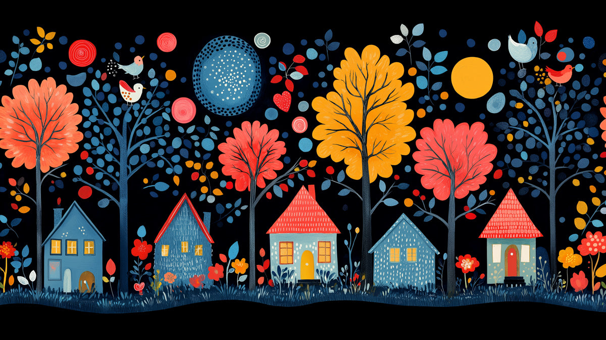 Stylized Folk Art Village at Night Mural Wallpaper | Vibrant and Playful Scene