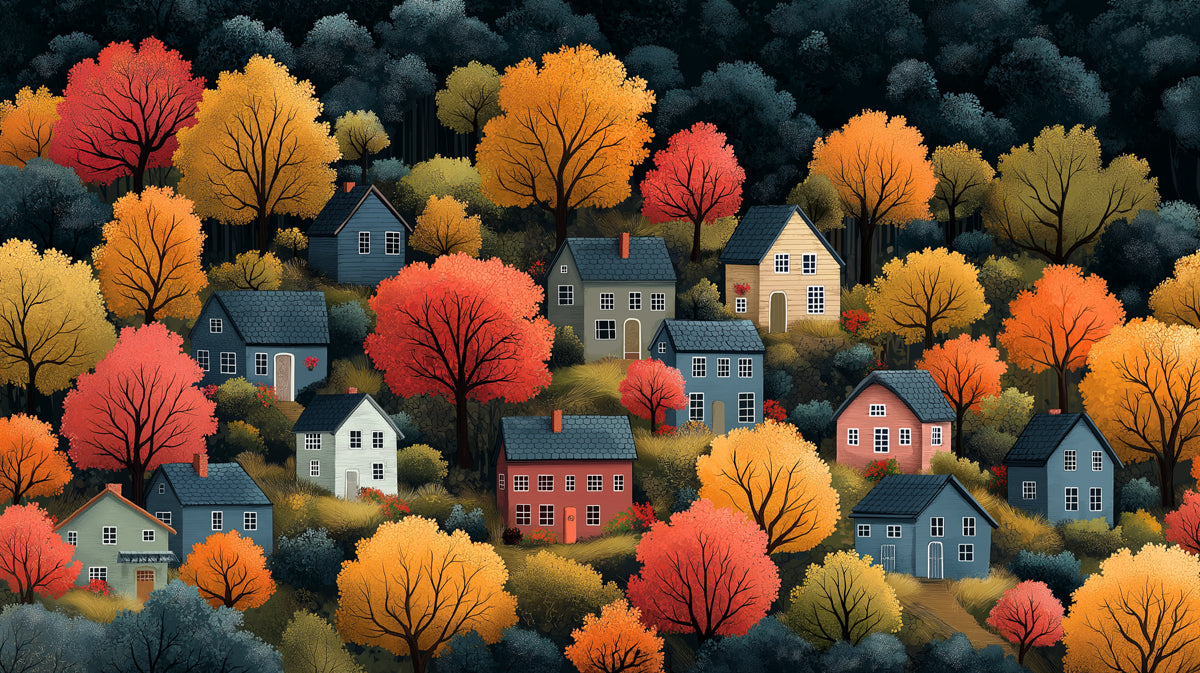 Autumn Village in a Forest Landscape Mural Wallpaper | Cozy Fall Scene