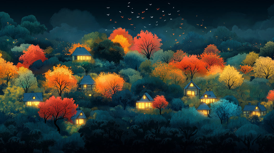 Glowing Village in a Misty Autumn Forest Mural Wallpaper | Ethereal and Magical Scene