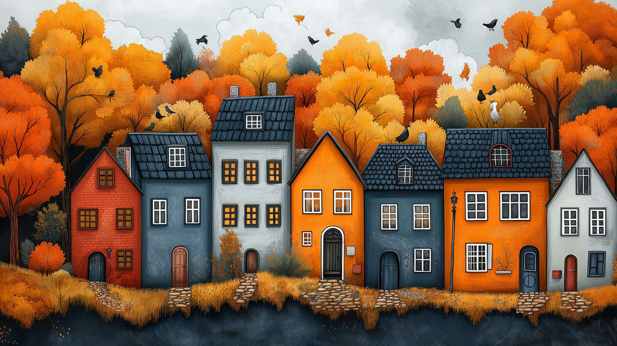 Autumn Village with Textured Houses and Trees Mural Wallpaper | Rustic and Colorful Scene