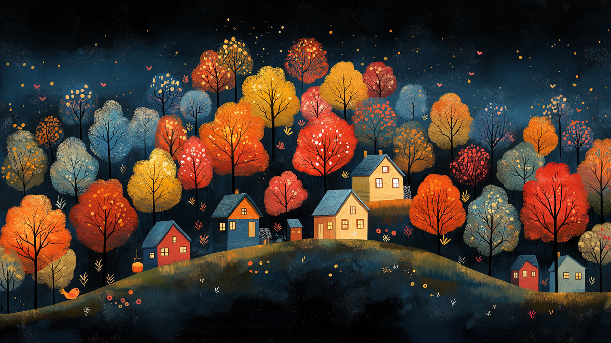 Starry Night Autumn Village on a Hillside Mural Wallpaper | Whimsical Fall Scene
