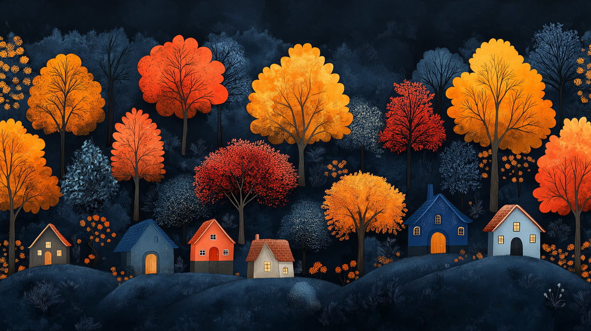 Stylized Autumn Village in a Dark Forest Mural Wallpaper | Moody and Cozy Scene
