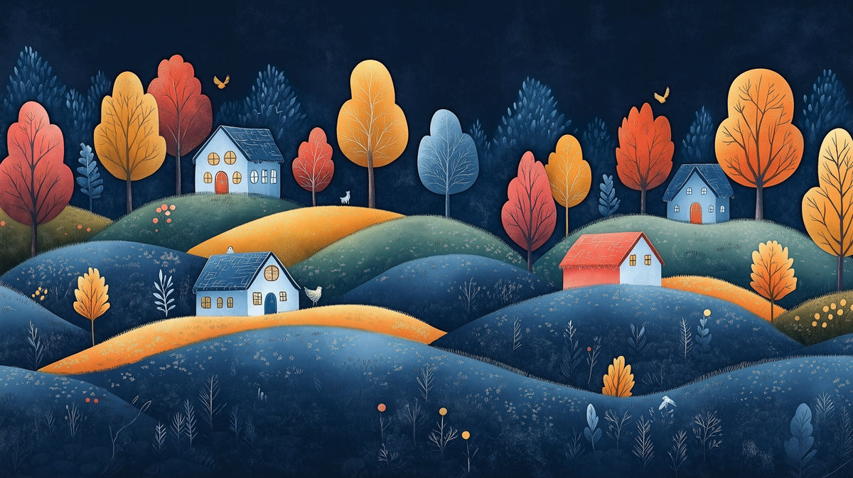 Colorful Autumn Village in a Dark Landscape Mural Wallpaper | Whimsical Night Scene